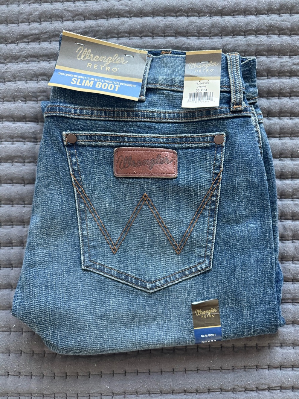 Wrangler Retro Slim Boot Jeans - Blue Denim with Brown Patch